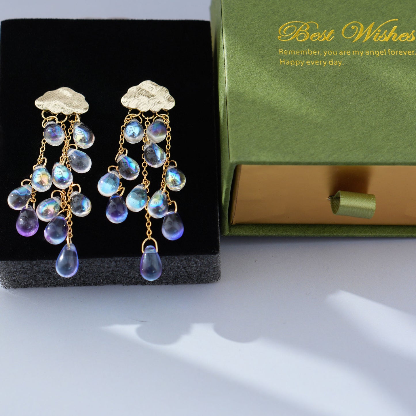 Rain Cloud Earrings, Celestial Dangle Earrings, Purple Czech Glass Crystal Rain Drop Earrings, Sky Inspired Jewelry, Teardrop Tassel Earrings for Women