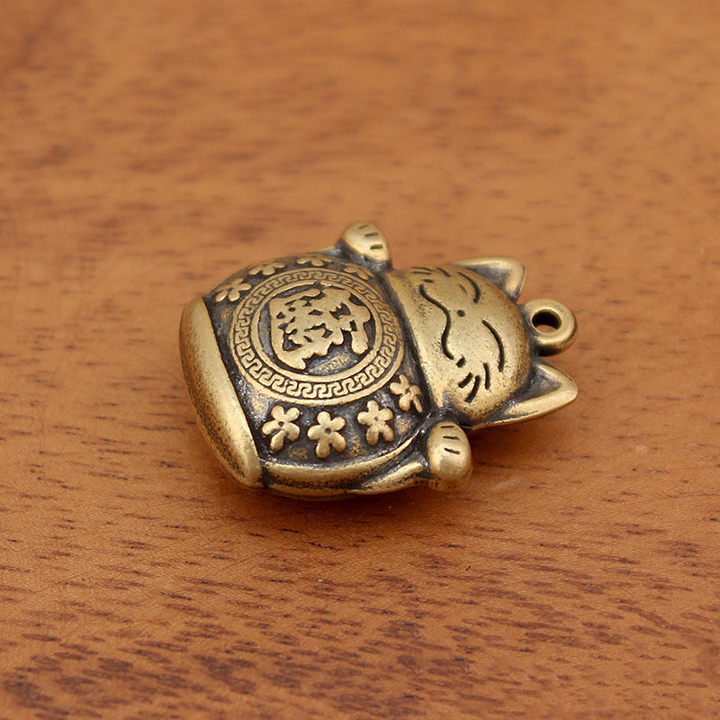 Vintage Brass Lucky Cat Pendant, Retro Maneki Neko Charm, Antique Brass Fortune Cat Jewelry Making Supplies, Feng Shui Cat Pendant