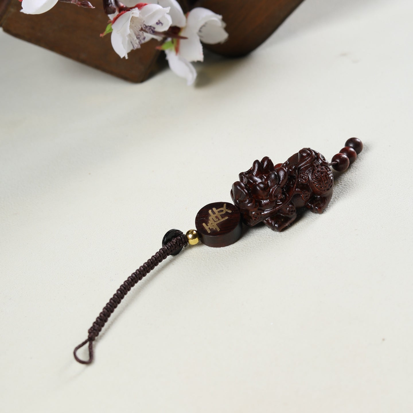Hand-Carved Red Sandalwood Pixiu Keychain - Wooden Carving Bag Charm