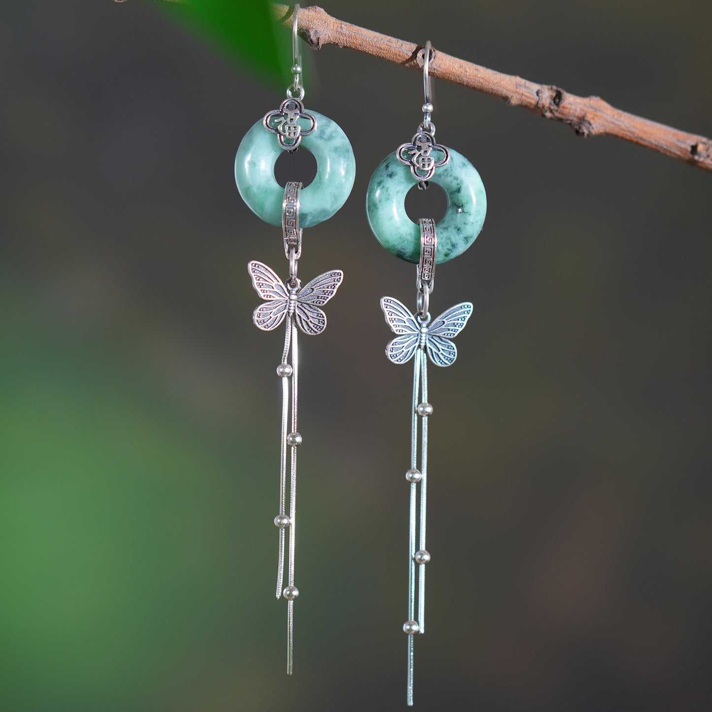 Myanmar Donut Jadeite Earring, S925 Butterfly Earring, Retro Tassels Earring, Gift for Her