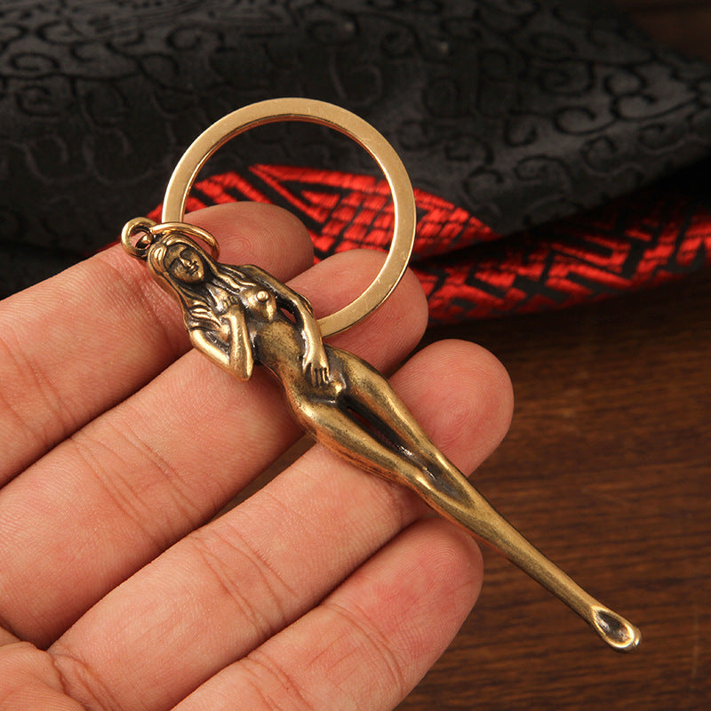Vintage Brass Goddess Ear Spoon Pendant, Retro Divine Woman Charm, Antique Brass Jewelry Making Supplies, Unique Goddess Pendant