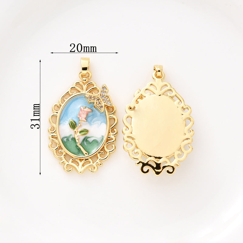 18K Oil Painting Butterfly Rose Pendant