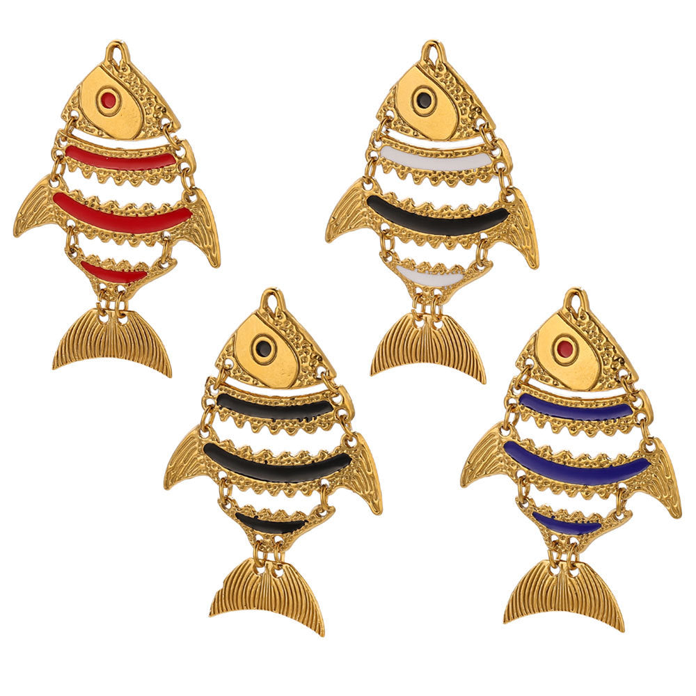 Moving Fish Design Gold-Plated Hollow Stainless Steel Pendants, Enameled Ocean Fish Series Charms for Necklace Making, Handmade Jewelry Accessories