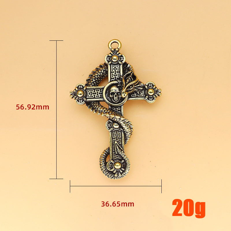 Vintage Brass Cross Dragon & Skull Pendant, Retro Coiled Dragon Skeleton Charm, Antique Brass Keychain or Pendant, Gothic Jewelry Decor