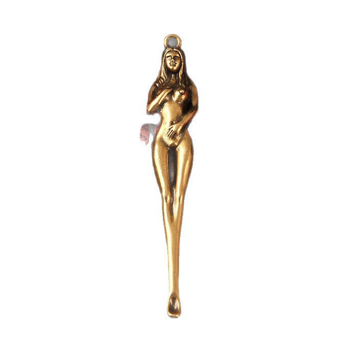 Vintage Brass Goddess Ear Spoon Pendant, Retro Divine Woman Charm, Antique Brass Jewelry Making Supplies, Unique Goddess Pendant