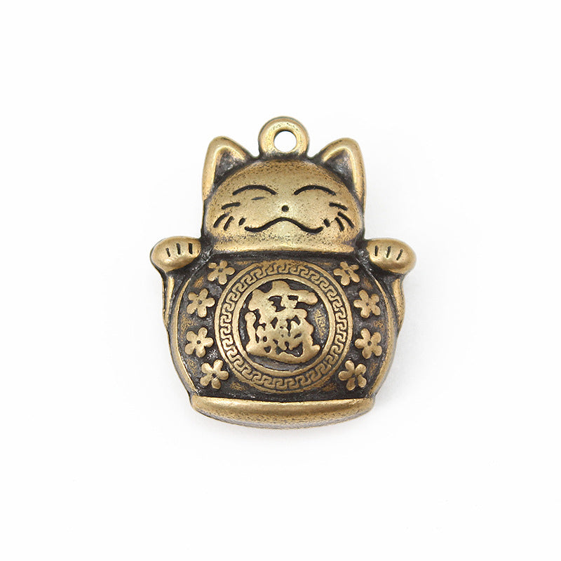 Vintage Brass Lucky Cat Pendant, Retro Maneki Neko Charm, Antique Brass Fortune Cat Jewelry Making Supplies, Feng Shui Cat Pendant
