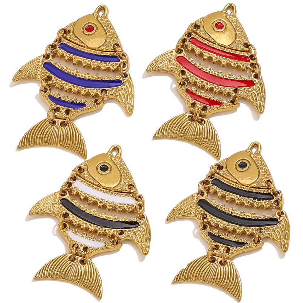 Moving Fish Design Gold-Plated Hollow Stainless Steel Pendants, Enameled Ocean Fish Series Charms for Necklace Making, Handmade Jewelry Accessories