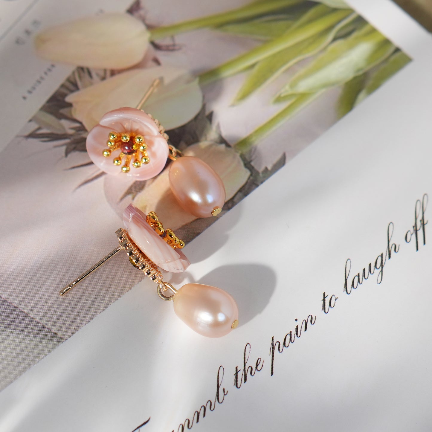 Natural Mother of Pearl Flower with Pearl Dangle Drop Earrings, Gold Plated S925 Sterling Silver Pearl Stud Earring, Mother's Day Gift
