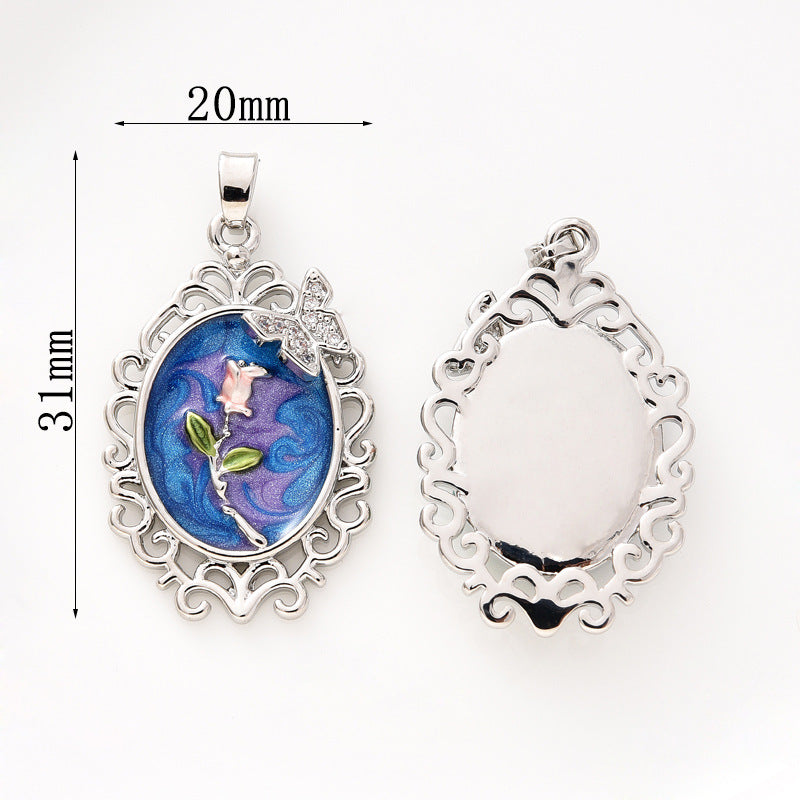 18K Oil Painting Butterfly Rose Pendant