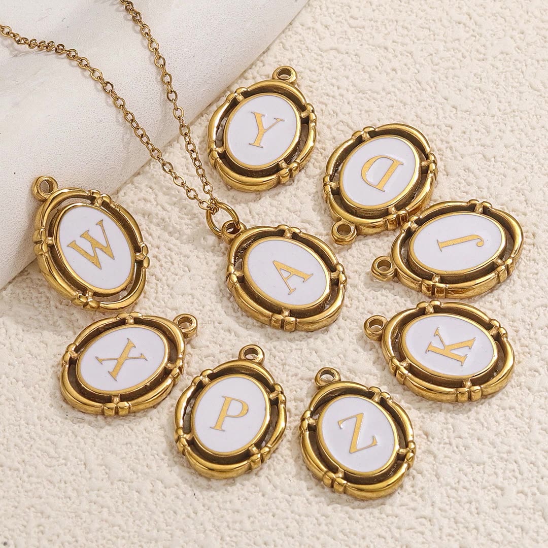 Stainless Steel Oval White Oil-Dropped Letter Pendants - Minimalist Design for DIY Bracelets & Necklaces