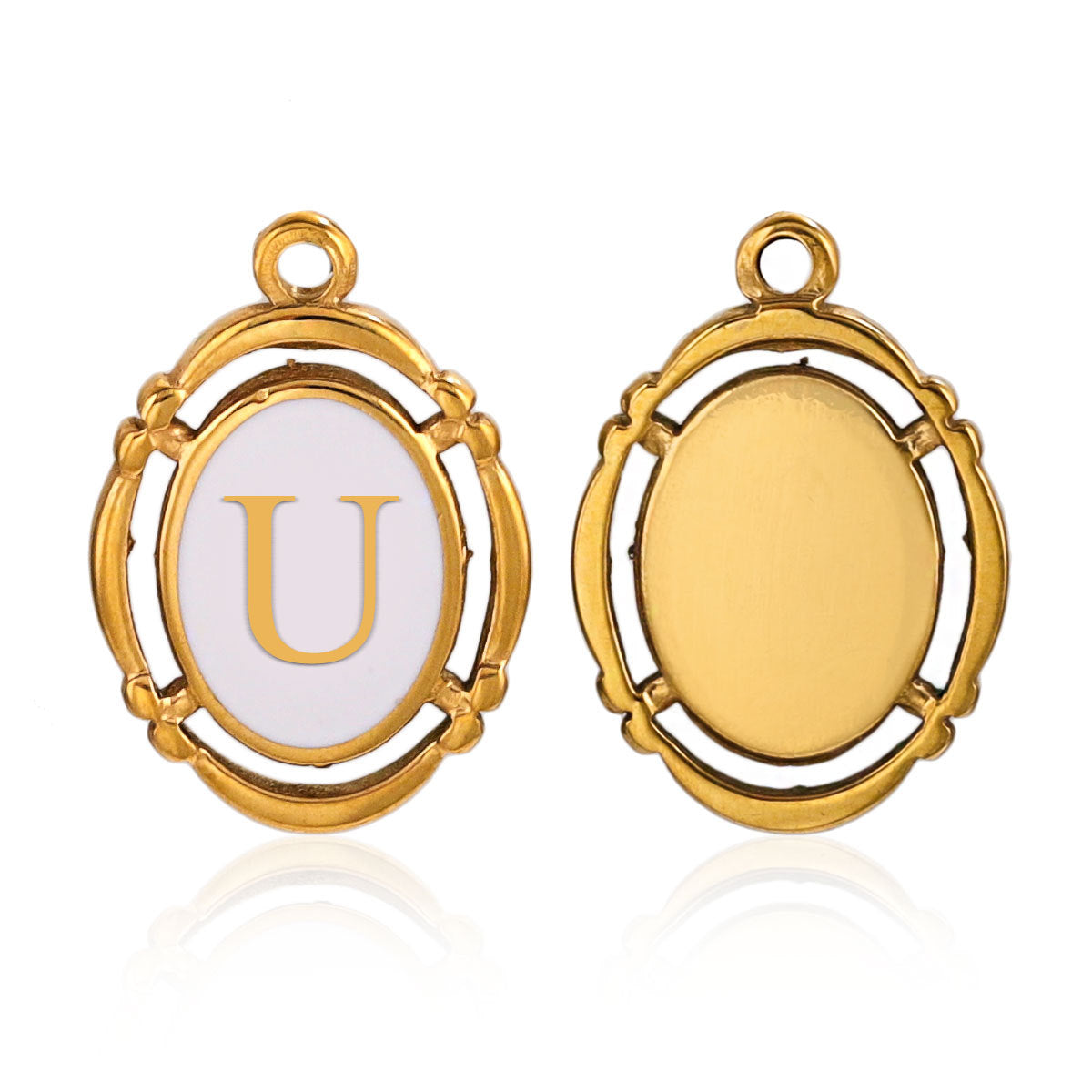 Stainless Steel Oval White Oil-Dropped Letter Pendants - Minimalist Design for DIY Bracelets & Necklaces