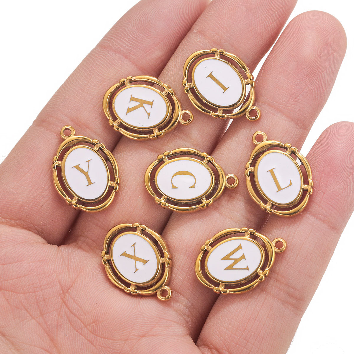 Stainless Steel Oval White Oil-Dropped Letter Pendants - Minimalist Design for DIY Bracelets & Necklaces