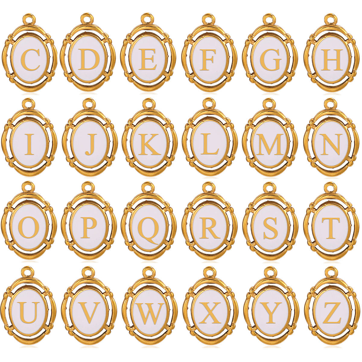 Stainless Steel Oval White Oil-Dropped Letter Pendants - Minimalist Design for DIY Bracelets & Necklaces