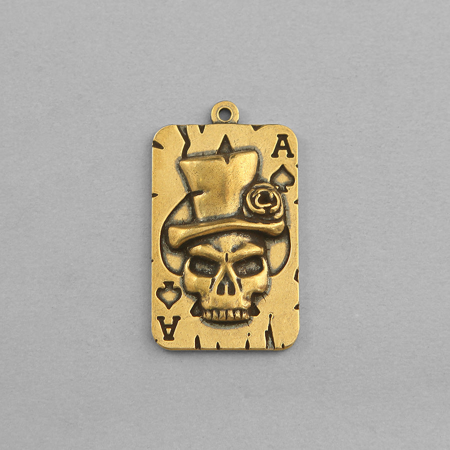 Vintage Brass Skull Poker Card Pendant, Retro Playing Card Charm, Gothic Steampunk Jewelry Making Supplies, Brass Skeleton Pendant
