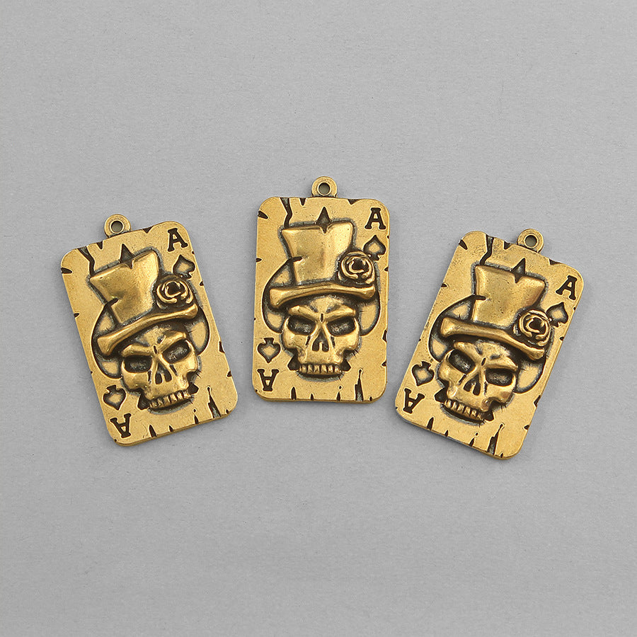 Vintage Brass Skull Poker Card Pendant, Retro Playing Card Charm, Gothic Steampunk Jewelry Making Supplies, Brass Skeleton Pendant