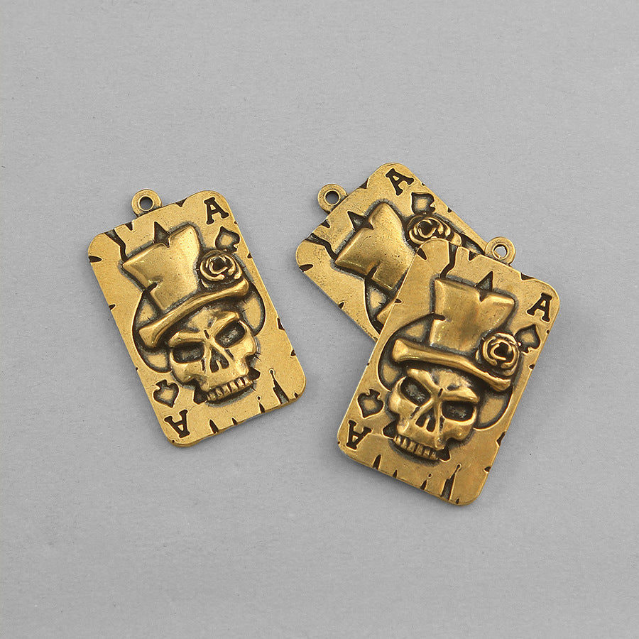 Vintage Brass Skull Poker Card Pendant, Retro Playing Card Charm, Gothic Steampunk Jewelry Making Supplies, Brass Skeleton Pendant