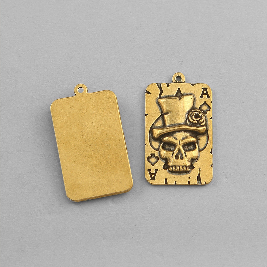 Vintage Brass Skull Poker Card Pendant, Retro Playing Card Charm, Gothic Steampunk Jewelry Making Supplies, Brass Skeleton Pendant