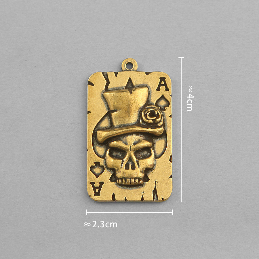 Vintage Brass Skull Poker Card Pendant, Retro Playing Card Charm, Gothic Steampunk Jewelry Making Supplies, Brass Skeleton Pendant