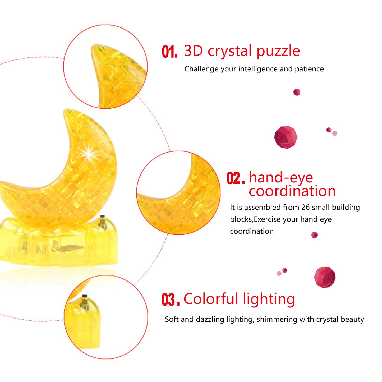 3D Crystal Puzzle Moon, Crystal Puzzle Brainteasers for Puzzlers Ages 16 and Up, with Lights, 48PCS