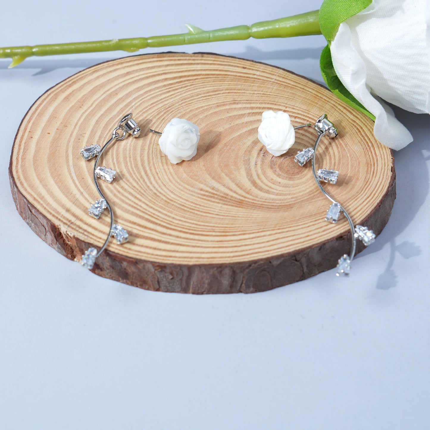 .925 Sterling Silver Carved Mother of Pearl Shell Rose Studs Earrings for Women, Natural Gemstone, White Flower Drop Bridal Jewelry As Summer Tassel Earrings for Wedding Gifts