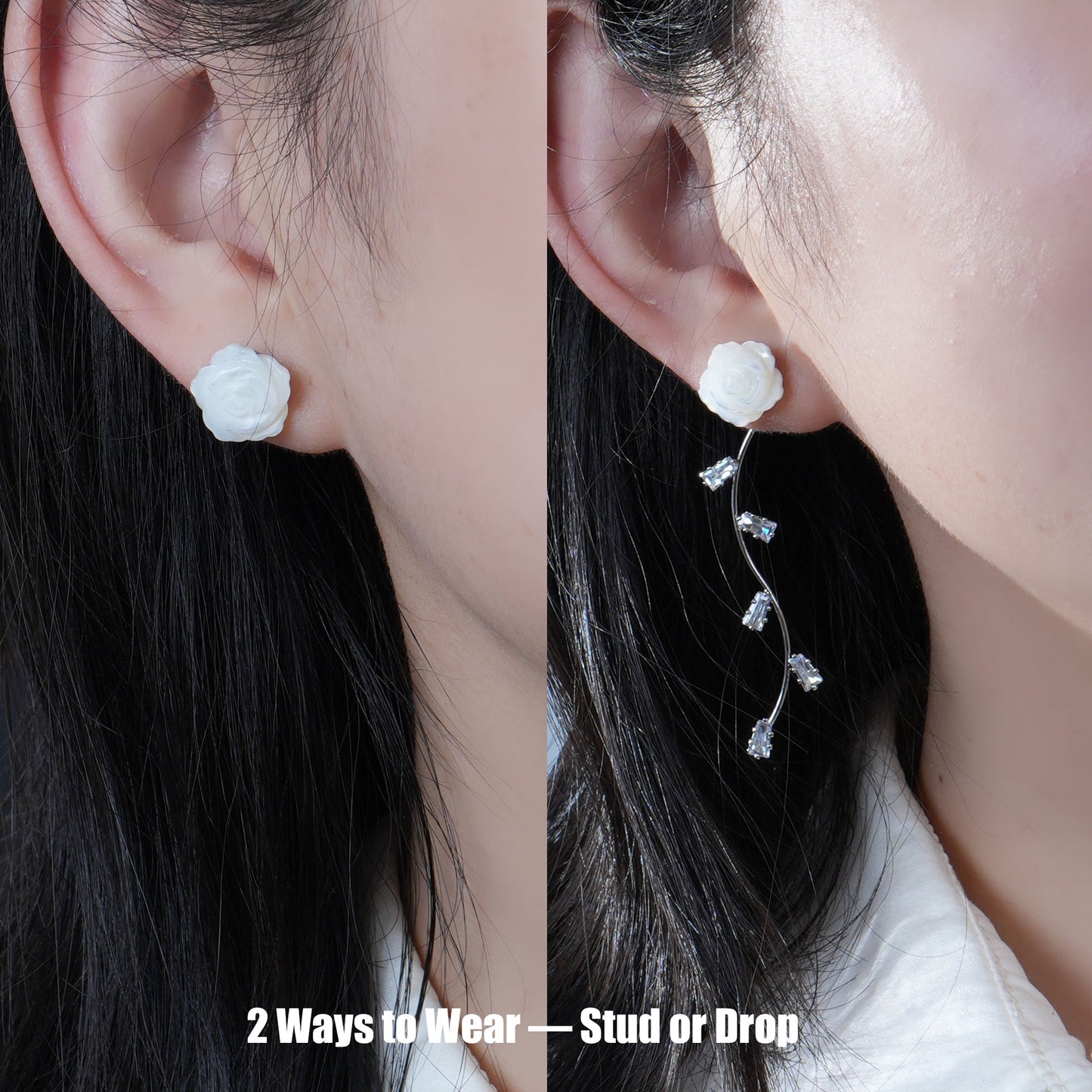 .925 Sterling Silver Carved Mother of Pearl Shell Rose Studs Earrings for Women, Natural Gemstone, White Flower Drop Bridal Jewelry As Summer Tassel Earrings for Wedding Gifts
