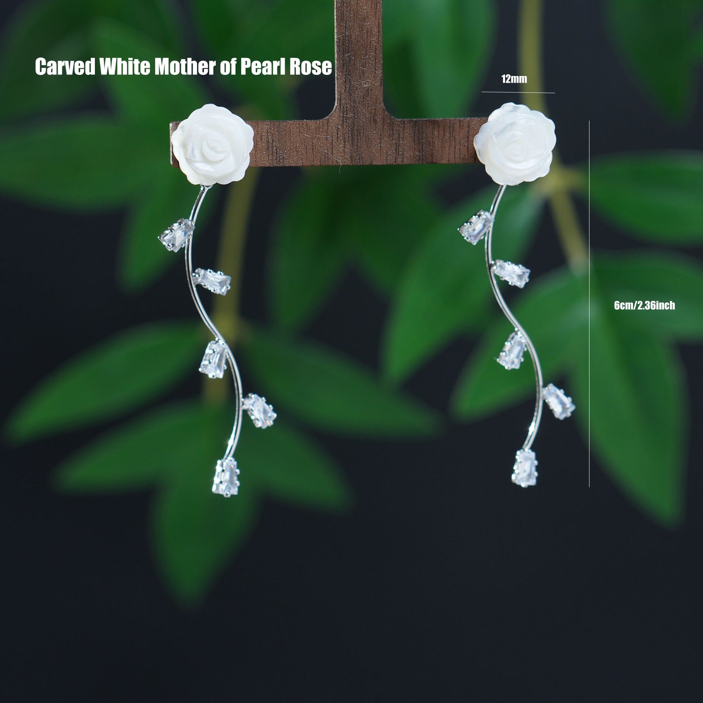 .925 Sterling Silver Carved Mother of Pearl Shell Rose Studs Earrings for Women, Natural Gemstone, White Flower Drop Bridal Jewelry As Summer Tassel Earrings for Wedding Gifts