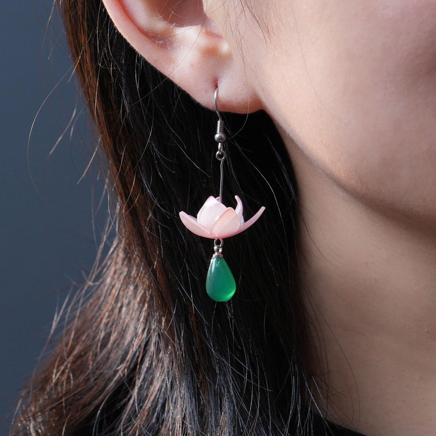 Lotus Earrings for Women, Handmade Flower Drop Earrings with Natural Green Agate, Spiritual Yoga Jewelry Gift for Her