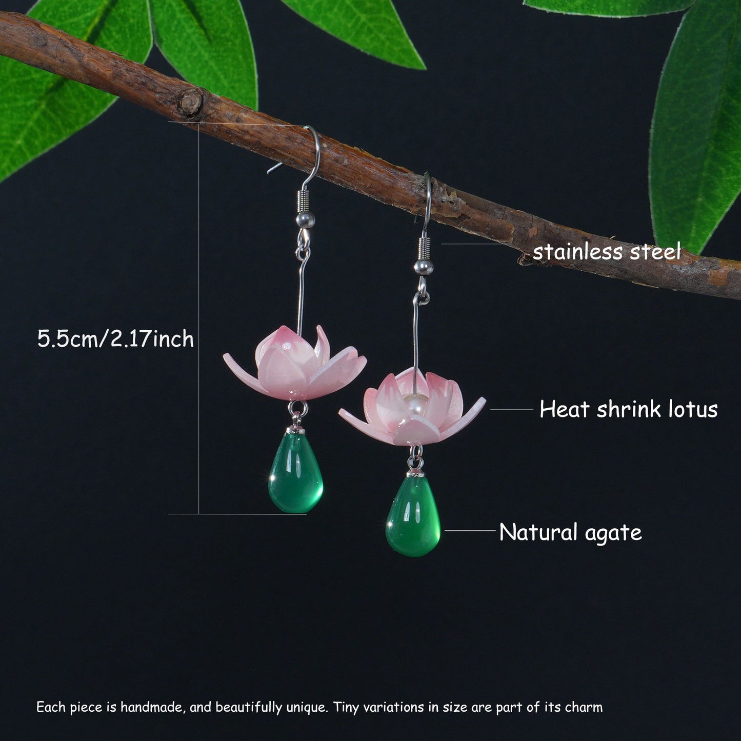 Lotus Earrings for Women, Handmade Flower Drop Earrings with Natural Green Agate, Spiritual Yoga Jewelry Gift for Her