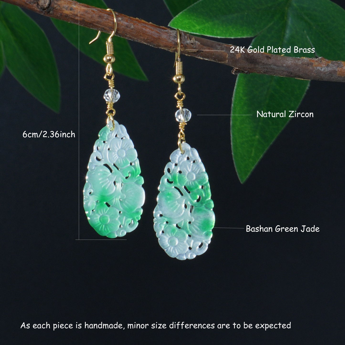 Handmade Carved Jade Teardrop Earrings for Women, Green and White Jade Dangle Earrings with Gold Hook – Elegant Oriental Jewelry for Birthday, Anniversary, Mother's Day Gift