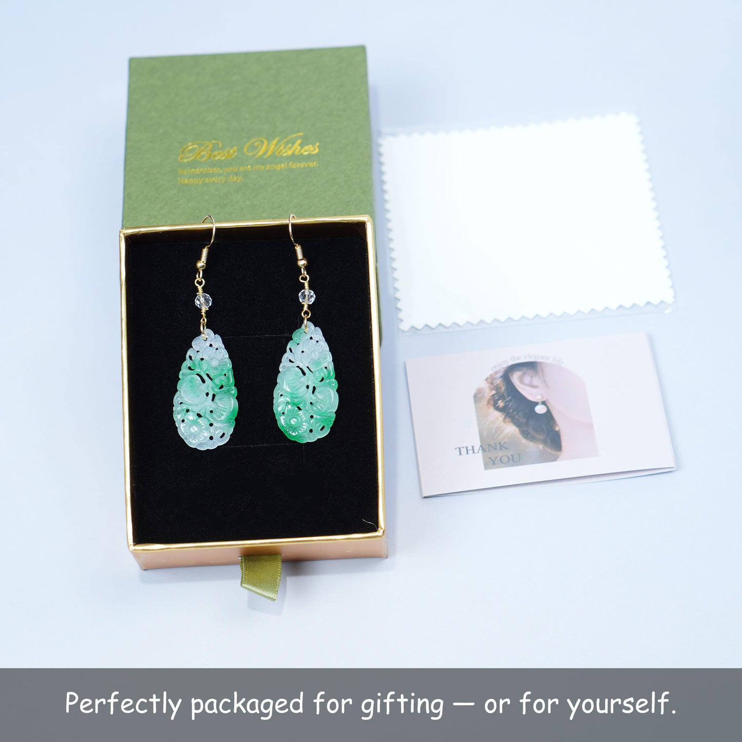 Handmade Carved Jade Teardrop Earrings for Women, Green and White Jade Dangle Earrings with Gold Hook – Elegant Oriental Jewelry for Birthday, Anniversary, Mother's Day Gift