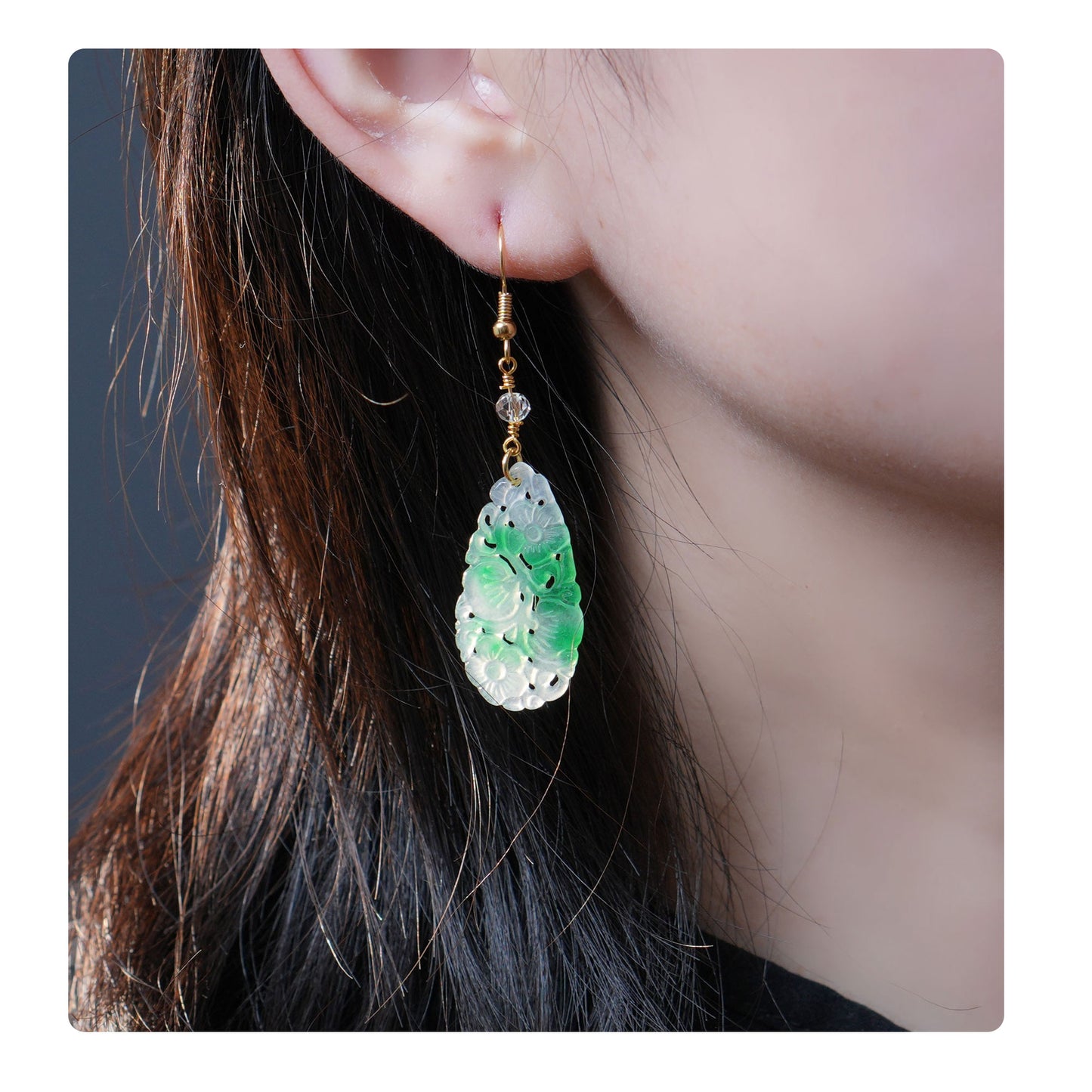 Handmade Carved Jade Teardrop Earrings for Women, Green and White Jade Dangle Earrings with Gold Hook – Elegant Oriental Jewelry for Birthday, Anniversary, Mother's Day Gift
