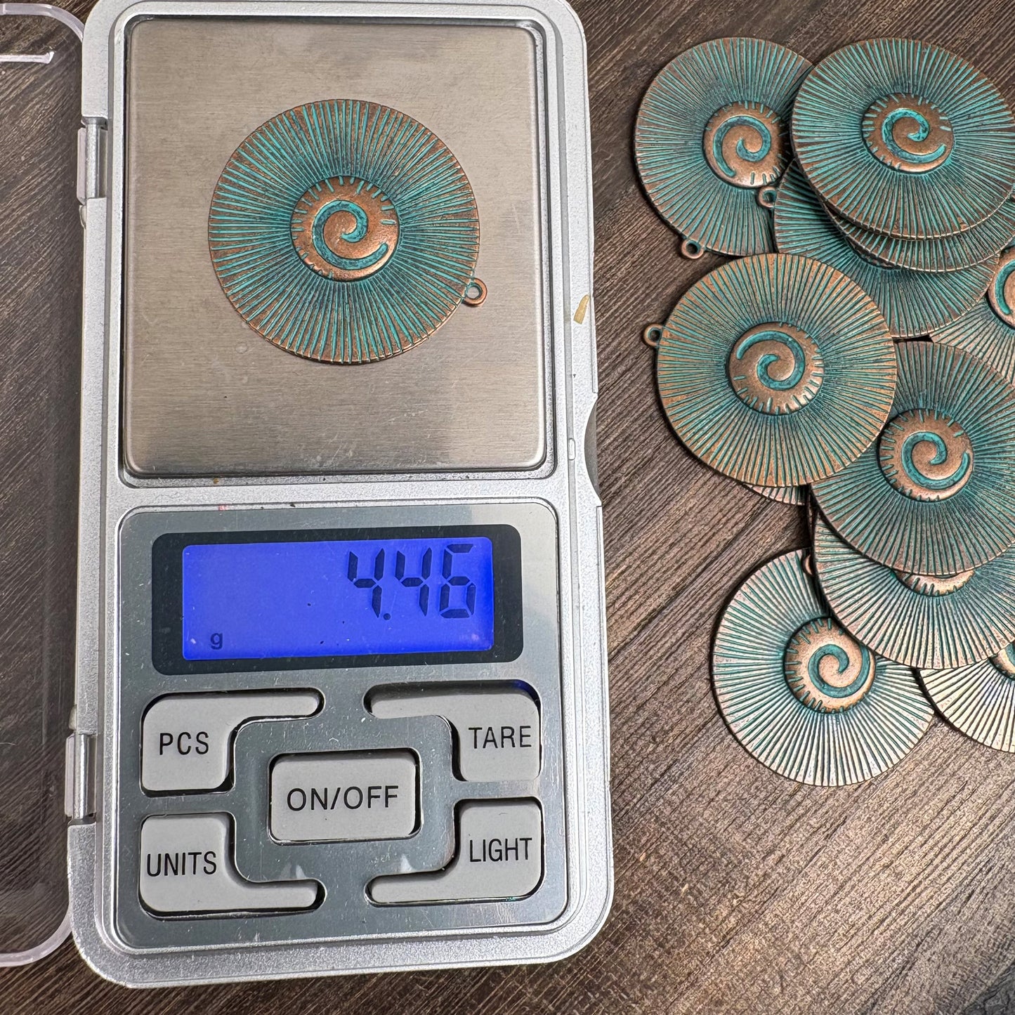 4PCS Boho Sun Spiral Disc Charms, Vintage Green Patina Copper Pendant