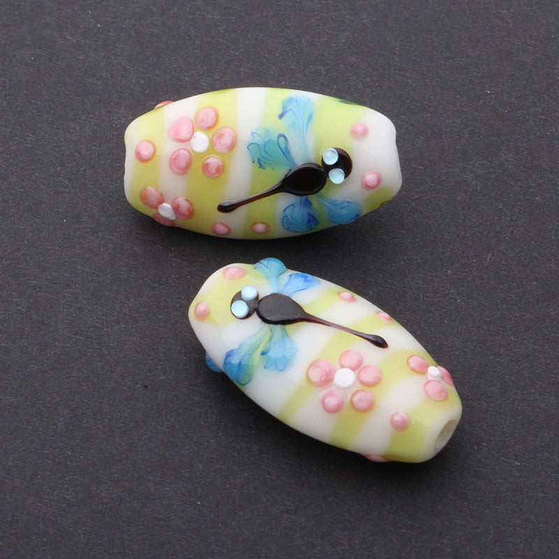 Murano Handmade Yellow Glass Beads with Dragonfly, Butterfly & Flower, Custom DIY Jewelry Components