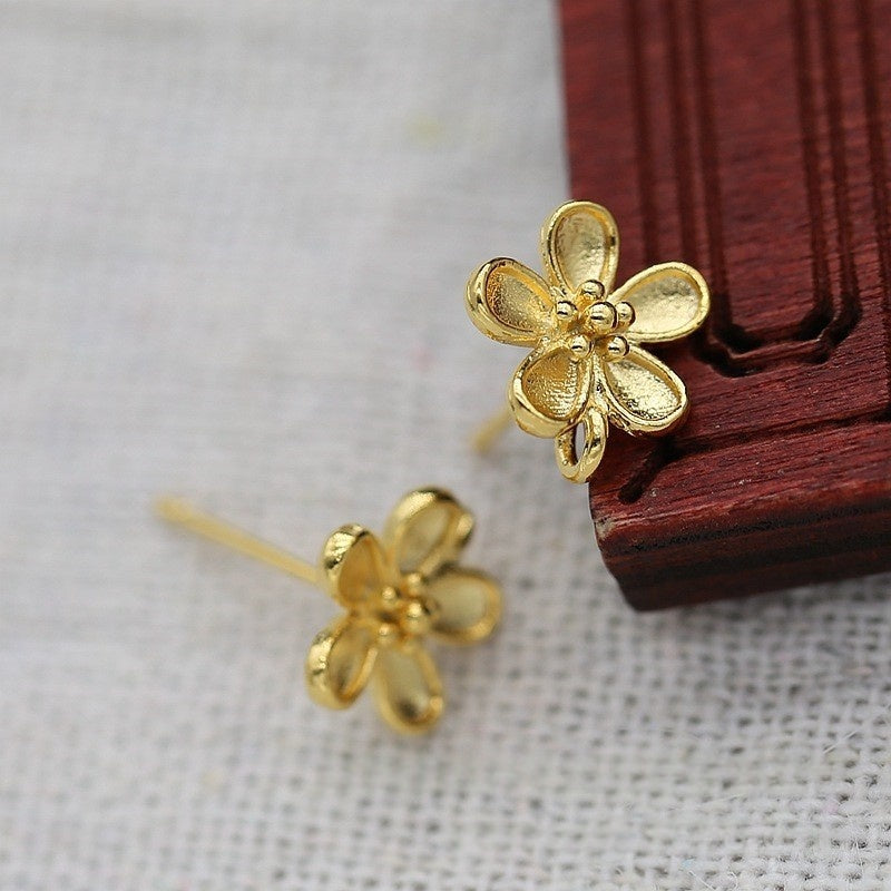 24K Gold Plated Flower Stud Earrings with Hooks, DIY Jewelry Findings with Dangles, Handmade Brass Earrings ( 1 pair ))