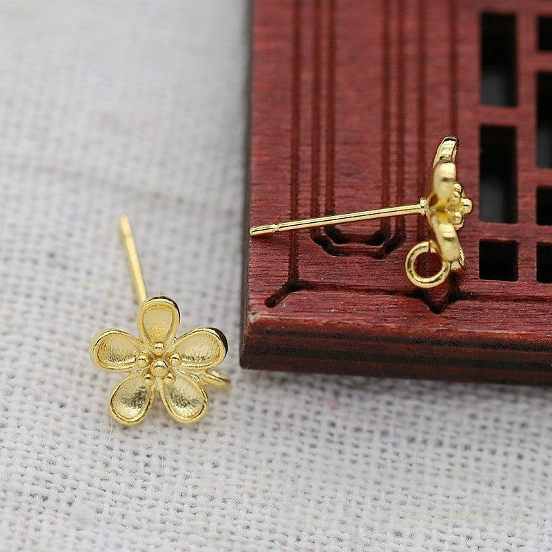 24K Gold Plated Flower Stud Earrings with Hooks, DIY Jewelry Findings with Dangles, Handmade Brass Earrings ( 1 pair ))