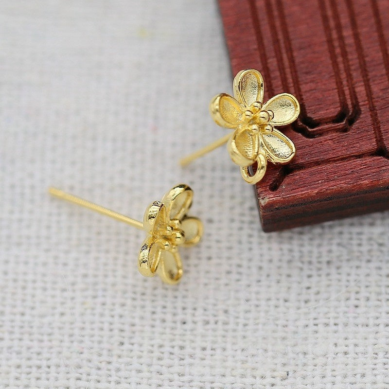 24K Gold Plated Flower Stud Earrings with Hooks, DIY Jewelry Findings with Dangles, Handmade Brass Earrings ( 1 pair ))