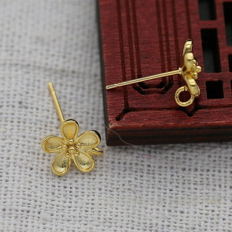 24K Gold Plated Flower Stud Earrings with Hooks, DIY Jewelry Findings with Dangles, Handmade Brass Earrings ( 1 pair ))