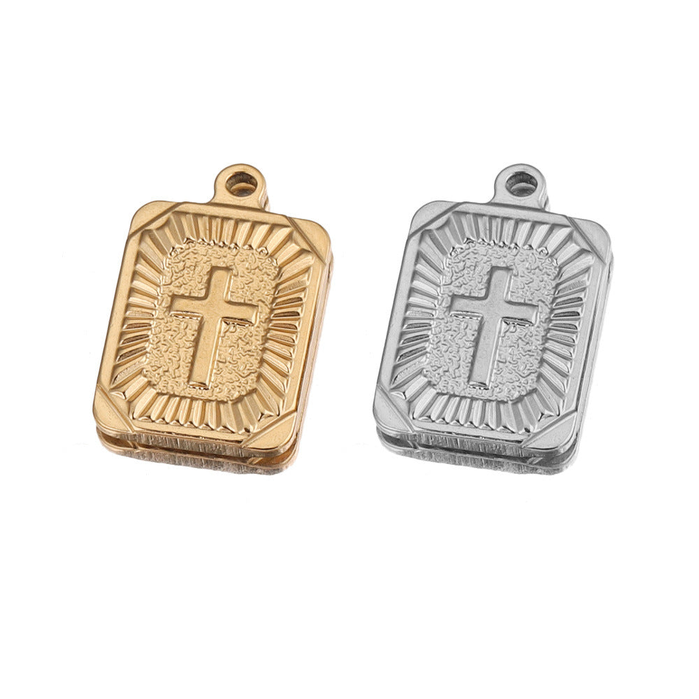 Stainless Steel Rectangular Cross Pendant | Radiating Pattern & Vacuum Plating, DIY Hip Hop Punk Jewelry Charm