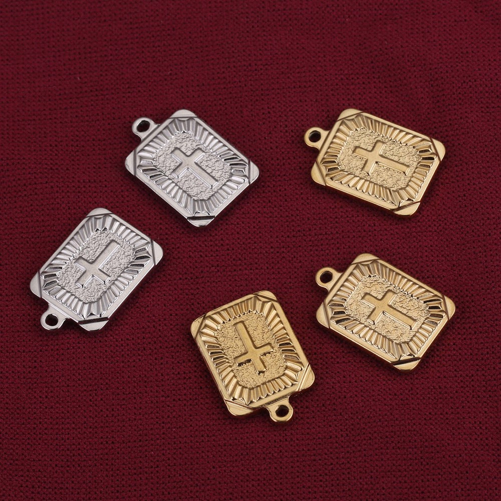 Stainless Steel Rectangular Cross Pendant | Radiating Pattern & Vacuum Plating, DIY Hip Hop Punk Jewelry Charm