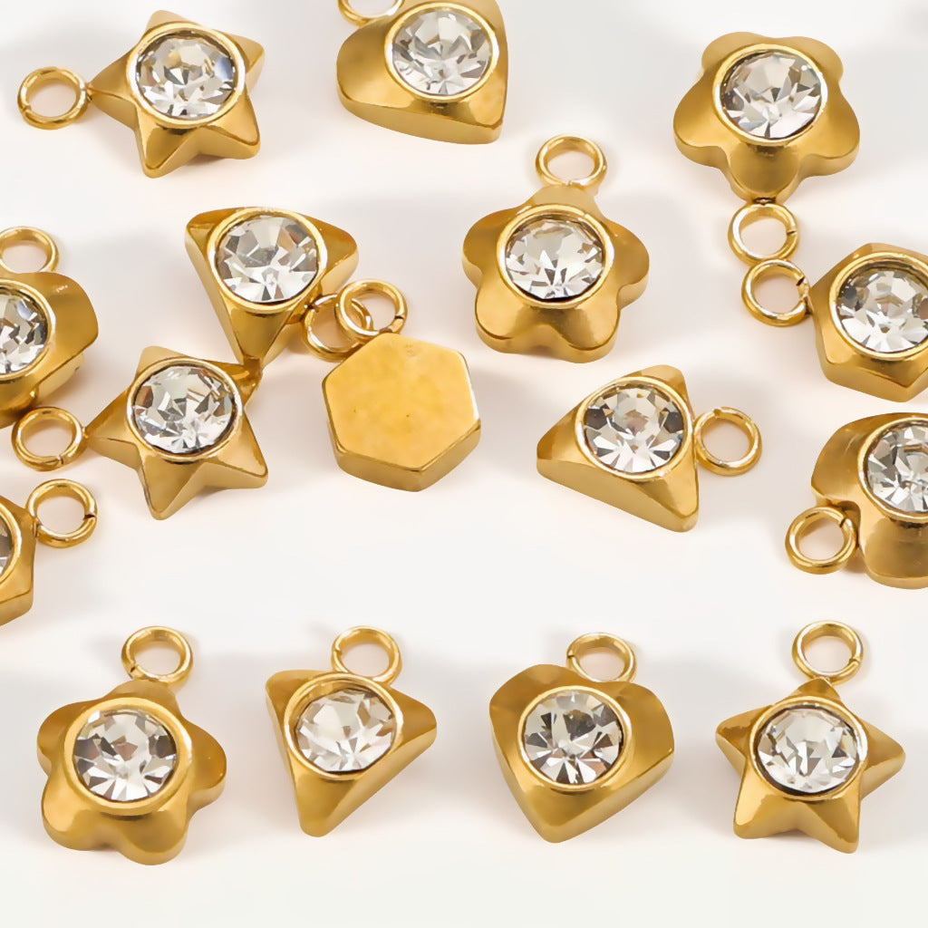 10PCS Stainless Steel Heart/Star/Plum Blossom Pendants | White Zircon Inlays, Tiny Sparkly Charms for DIY Necklaces & Earrings