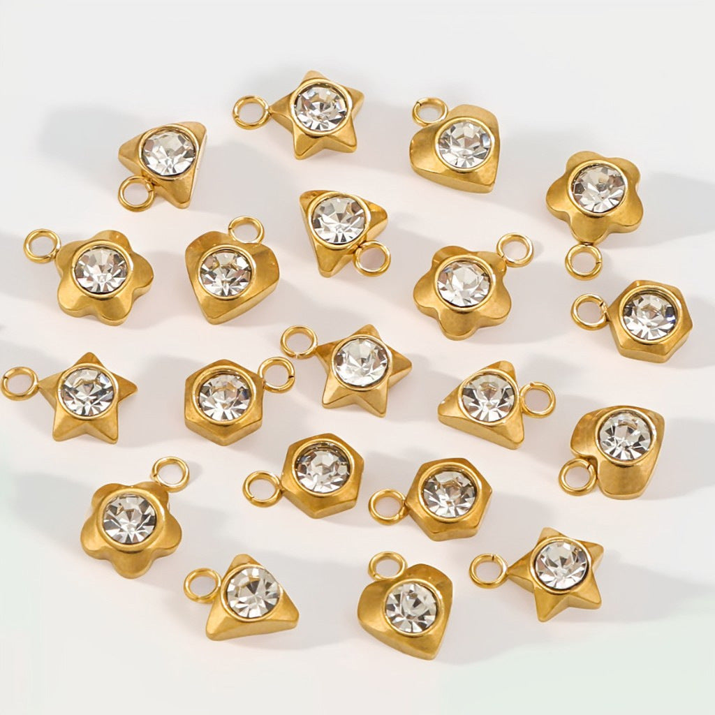 10PCS Stainless Steel Heart/Star/Plum Blossom Pendants | White Zircon Inlays, Tiny Sparkly Charms for DIY Necklaces & Earrings