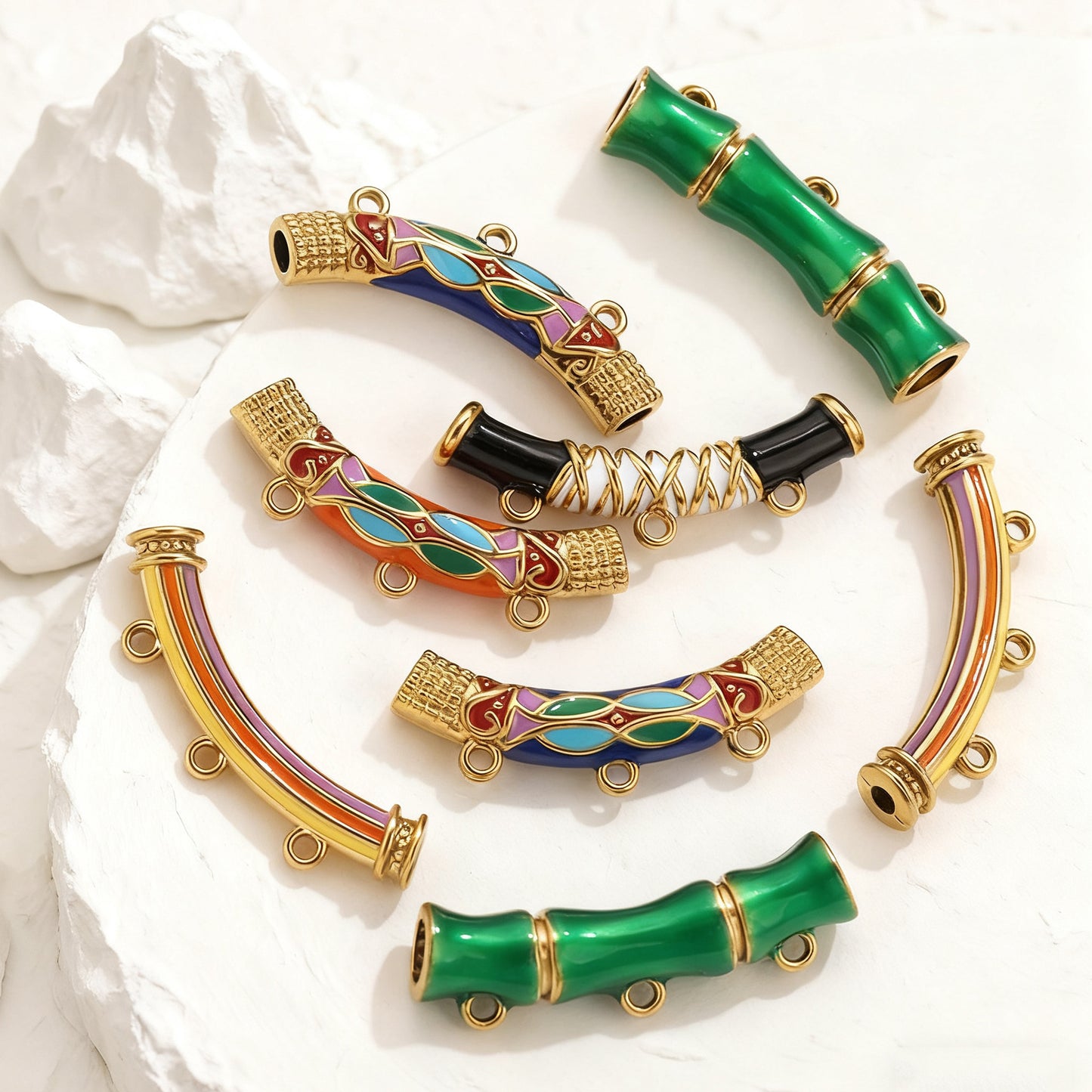 Vintage Ethnic Enamel Curved Tube Charms - Bamboo-Style Stainless Steel Bracelet Connection Tubes | DIY Jewelry Accessories