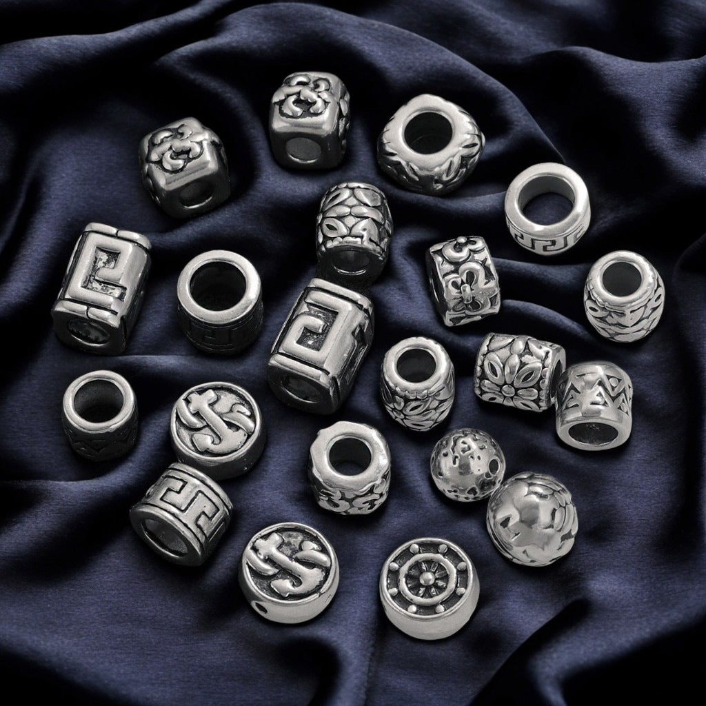 Vintage Blackened Stainless Steel Beads - Six-Word Mantra & Swastika Pattern for DIY Bracelet, Titanium Steel Stringing Beads