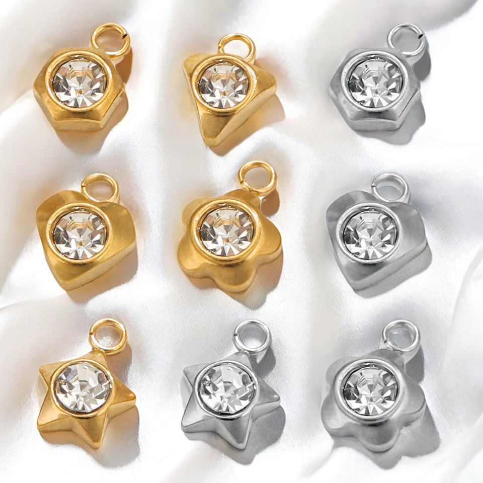 10PCS Stainless Steel Heart/Star/Plum Blossom Pendants | White Zircon Inlays, Tiny Sparkly Charms for DIY Necklaces & Earrings