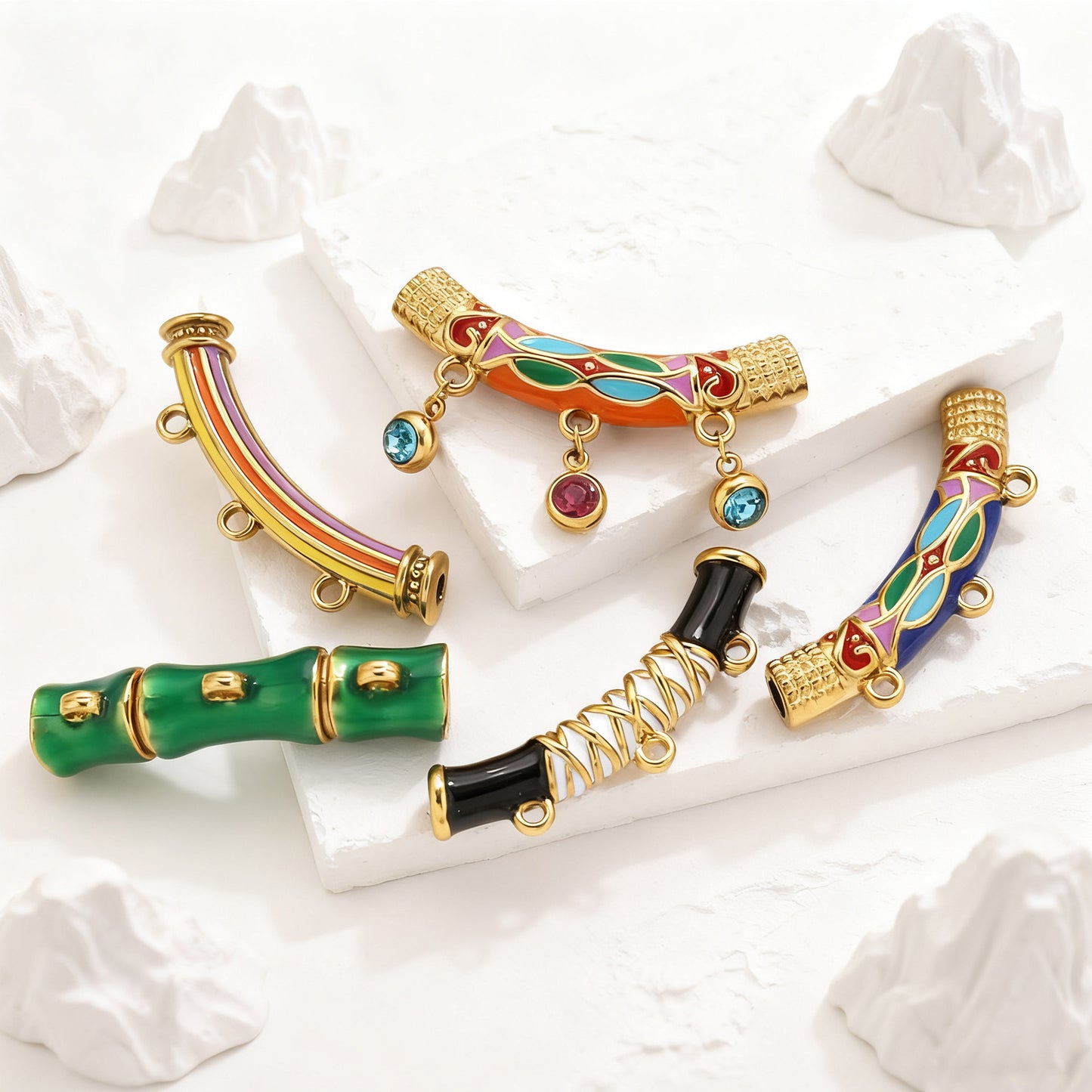 Vintage Ethnic Enamel Curved Tube Charms - Bamboo-Style Stainless Steel Bracelet Connection Tubes | DIY Jewelry Accessories