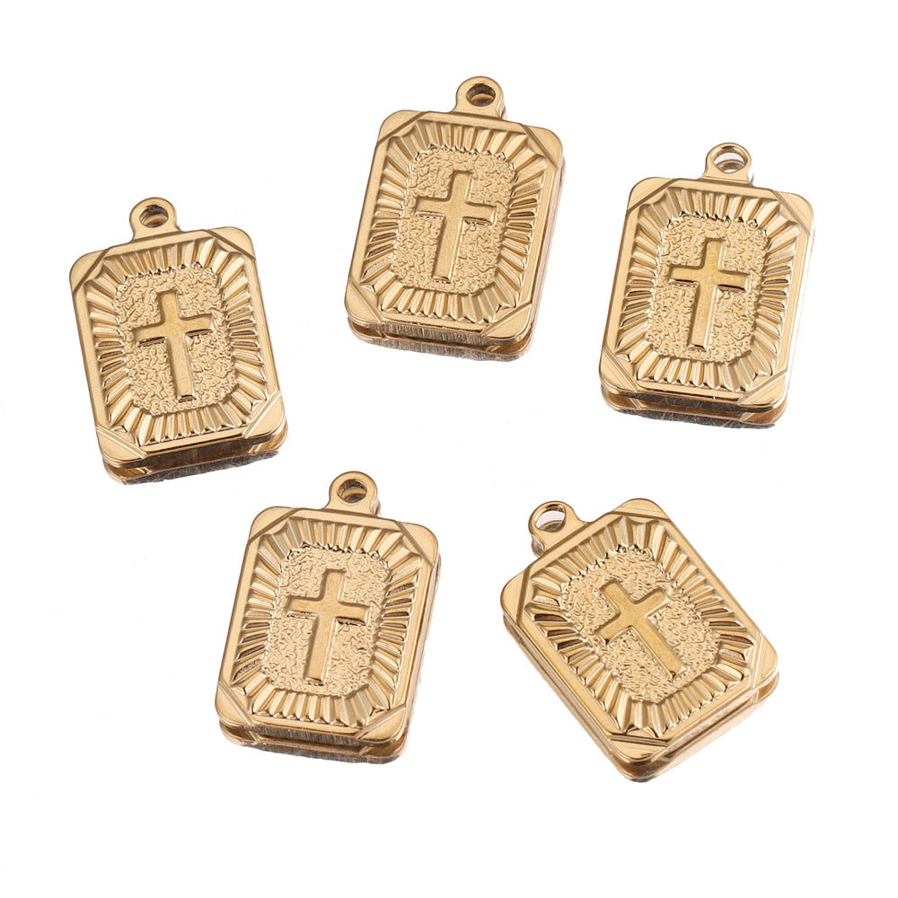 Stainless Steel Rectangular Cross Pendant | Radiating Pattern & Vacuum Plating, DIY Hip Hop Punk Jewelry Charm