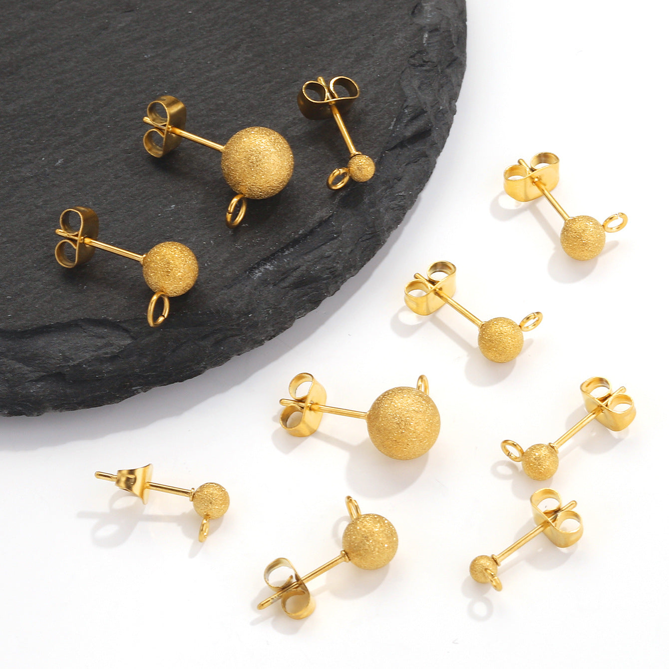 5 Pairs Titanium Steel Dangle Stud Earrings - Stainless Steel Matte Gold - toned Beaded Welded Needles, DIY Handmade Jewelry Supplies