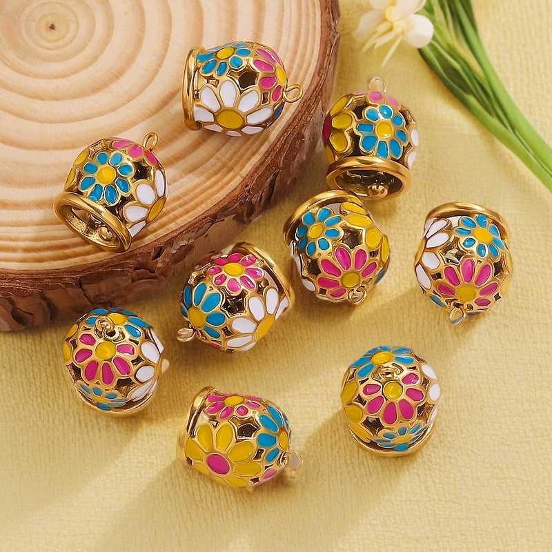 Stainless Steel Enamel Bell Pendants, DIY Jewelry Accessories for Bracelets/Anklets, Ideal for Leather Cord & Red Cord Connections