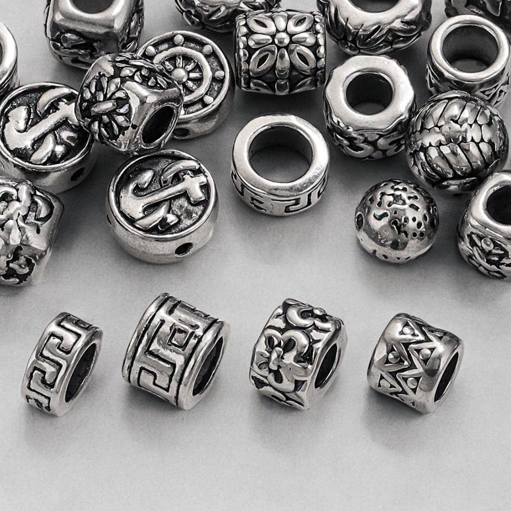 Vintage Blackened Stainless Steel Beads - Six-Word Mantra & Swastika Pattern for DIY Bracelet, Titanium Steel Stringing Beads