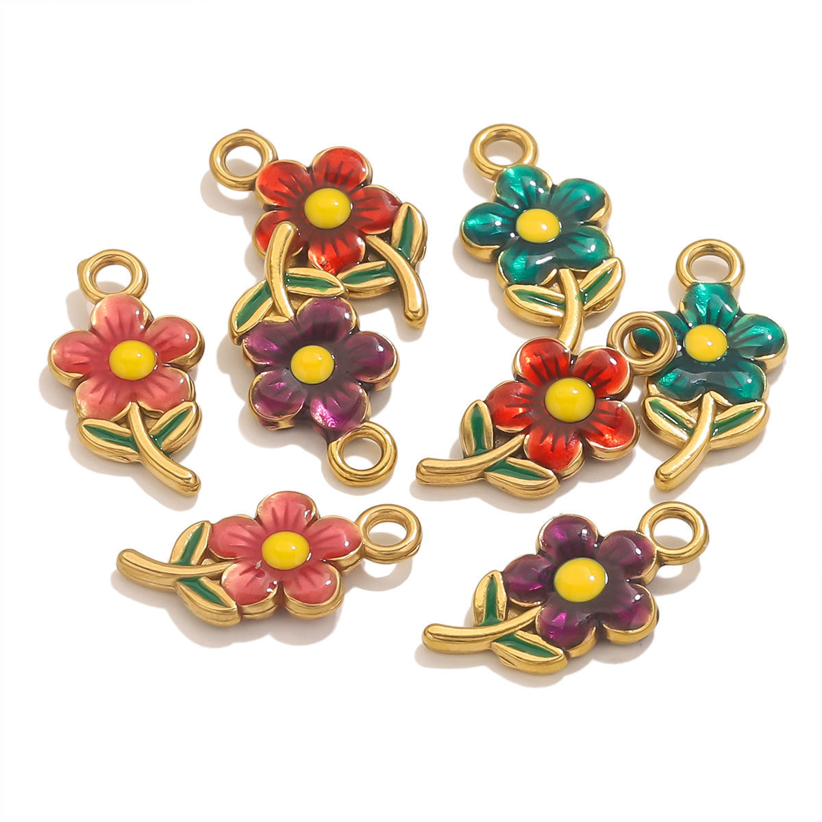 Stainless Steel Cute Flower Charms | Double-Sided Enamel Pendants, DIY Accessories for Bracelets, Necklaces & Earrings